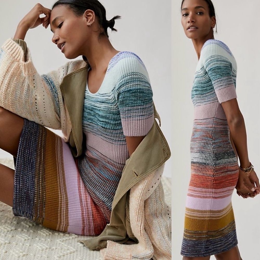 Anthropologie Womens Space Dyed Knit Scoop Neck Midi Dress Size Small Petite - Picture 2 of 10